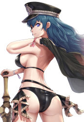 Rule 34 | 1girl, ass, bikini, black bikini, blue eyes, blue hair, breasts, byleth (female) (fire emblem), byleth (female) (summer) (fire emblem), byleth (fire emblem), cape, commentary, commentary request, fire emblem, fire emblem: three houses, fire emblem heroes, full body, gonzarez, hat, highres, large breasts, looking at viewer, nintendo, official alternate costume, sideboob, simple background, solo, standing, swimsuit, sword, sword of the creator, upper body, weapon, white background