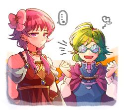 Rule 34 | 2girls, arms behind back, blush, bow, cape, choker, closed mouth, coke-bottle glasses, fire emblem, fire emblem: the blazing blade, fire emblem: the sacred stones, fire emblem heroes, glasses, green hair, hair bow, hairband, hzk (ice17moon), long hair, long sleeves, low twintails, lute (fire emblem), multiple girls, nino (fire emblem), nintendo, pink bow, purple cape, purple eyes, purple hair, short hair, twintails, white background