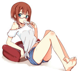 Rule 34 | 10s, 1girl, arm support, bare legs, bare shoulders, barefoot, bespectacled, blue eyes, brown hair, casual, eating, feet, feet together, food, glasses, hot, itamochi, kosaka yukiho, leaning back, love live!, love live! school idol project, navel, off shoulder, pillow, popsicle, red hair, shadow, shirt, short hair, short sleeves, shorts, simple background, sitting, solo, striped, sweat, t-shirt, tied shirt, white background