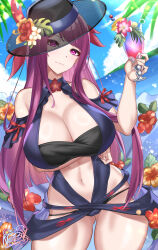 Rule 34 | 1girl, absurdres, alternate costume, bandeau, bare shoulders, black hat, blue sky, breasts, cleavage, cloud, commentary, cowboy shot, cup, day, drinking glass, female focus, fire emblem, fire emblem engage, fire emblem heroes, flower, gluteal fold, hand up, hat, hat flower, head tilt, hibiscus, highres, holding, holding cup, ivy (fire emblem), large breasts, looking at viewer, matching hair/eyes, mole, mole under mouth, navel, nez-box, nintendo, official alternate costume, orange flower, pink flower, purple eyes, purple hair, red flower, signature, sky, smile, solo, standing, stomach, thighs, tropical drink