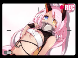 Rule 34 | 1girl, ahoge, azur lane, bandeau, battery indicator, black gloves, blue eyes, breasts, cleavage, commentary request, covered mouth, dark-skinned female, dark skin, eyes visible through hair, facepaint, fingerless gloves, gloves, heart, heart ahoge, heterochromia, horns, indianapolis (azur lane), long hair, looking at viewer, mechanical horns, medium breasts, pikomarie, pink hair, recording, solo, turtleneck, upper body, very long hair, viewfinder, white background, white bandeau, yellow eyes
