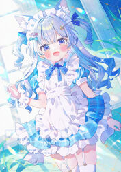 1girl :d animal_ears apron blue_bow blue_dress blue_hair blush bow cat_ears commentary_request crescent crescent_hair_ornament day dress english_text fang fish_hair_ornament frilled_apron frilled_dress frills garter_straps grey_hair hair_bow hair_ornament highres ikari_(aor3507) indoors long_hair looking_at_viewer maid maid_apron maid_headdress multicolored_hair open_mouth original plaid_clothes plaid_dress plant pleated_dress purple_eyes skindentation smile solo sunlight thighhighs two-tone_hair two_side_up very_long_hair watermark white_apron white_thighhighs window