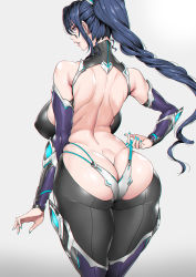Rule 34 | 1girl, ass, back, bare back, bare shoulders, blue hair, bodysuit, breasts, butt crack, clothes pull, curvy, dark blue hair, detached sleeves, fei (maidoll), fingernails, from behind, highleg, highleg leotard, highres, huge ass, huge breasts, leotard, lilith-soft, lips, long hair, looking away, nail polish, ponytail, purple eyes, shiny skin, sidelocks, simple background, skin tight, skindentation, solo, taimanin (series), taimanin rpgx, thighs, uehara rin