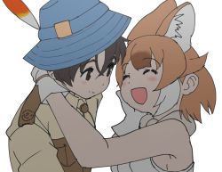 Rule 34 | animal ears, captain (kemono friends), cats yone, dhole (kemono friends), gloves, highres, kemono friends, kemono friends 3, necktie, shirt, simple background, skirt, tail, white background