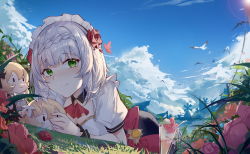 Rule 34 | 1girl, absurdres, ascot, blue flower, blue sky, blush, braid, breasts, bug, butterfly, character doll, chinese commentary, closed mouth, cloud, commentary request, day, detached collar, doll, field, flower, flower field, genshin impact, grass, green eyes, hair flower, hair ornament, highres, holding, holding doll, insect, looking at viewer, lumine (genshin impact), lying, maid headdress, medium hair, noelle (genshin impact), noelle (sweets paradise) (genshin impact), on stomach, open mouth, puffy short sleeves, puffy sleeves, red ascot, red butterfly, red flower, red rose, rose, short sleeves, silver hair, sky, smile, solo, vision (genshin impact), white flower, wrist cuffs, yajuu