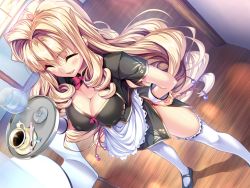 Rule 34 | 1girl, aozora stripe, blonde hair, blush, breasts, closed eyes, cup, drill hair, game cg, large breasts, long hair, maid, open mouth, osakabe mahiro, piromizu, thighhighs, tray, very long hair, white thighhighs
