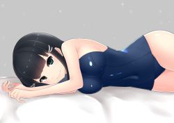 Rule 34 | 1girl, aqua eyes, bed, black hair, blue one-piece swimsuit, blunt bangs, commentary request, cowboy shot, grey background, highres, kooei, kurosawa dia, long hair, looking at viewer, love live!, love live! sunshine!!, lying, mole, mole under mouth, on bed, on side, one-piece swimsuit, pov across bed, school swimsuit, solo, swimsuit