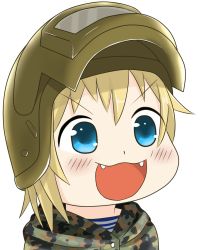 Rule 34 | 1girl, :3, :d, blush, blush stickers, camouflage, chibi, commentary, cyka, dot nose, eyebrows, fangs, gyate gyate, hat, helmet, highres, md5 mismatch, meme, military, military hat, military uniform, open mouth, russian clothes, smile, solo, teeth, uniform, white background