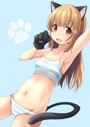 Rule 34 | 1girl, :d, animal ears, animal hands, armpits, blonde hair, blue background, blush, bra, breasts, cat ears, cat paws, cat tail, collarbone, commentary request, fake animal ears, gloves, gluteal fold, highres, long hair, looking at viewer, navel, open mouth, original, panties, paw gloves, paw hair ornament, paw pose, paw print, shibacha (shibacha 0728), simple background, small breasts, smile, solo, striped bra, striped clothes, striped panties, tail, underwear, underwear only, yellow eyes