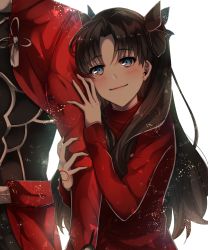 Rule 34 | 1boy, 1girl, archer (fate), arm grab, arm hug, black bow, blue eyes, blush, bow, brown hair, fate/stay night, fate (series), hair bow, highres, long hair, mady (madine08260), red sweater, simple background, smile, sweater, tohsaka rin, twintails, very long hair, white background
