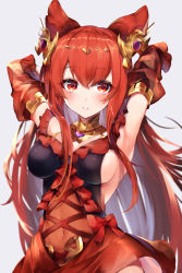 Rule 34 | 1girl, 40 (0f0urw), absurdres, animal ears, anthuria, bare shoulders, black gloves, blush, breasts, cleavage, commentary request, dress, erune, gloves, granblue fantasy, hair between eyes, highres, long hair, looking at viewer, medium breasts, red eyes, red hair, smile, solo