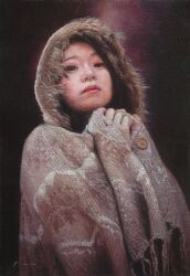 Rule 34 | 1girl, absurdres, asian, black background, blanket, buttons, fur trim, highres, hood, looking at viewer, naohiro ito, oil painting (medium), original, painting (medium), realistic, solo, traditional media