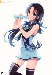 Rule 34 | 10s, 1girl, absurdres, black thighhighs, blue hair, blush, bottle, drinking, green eyes, highres, kantai collection, long hair, looking at viewer, ramune, school uniform, serafuku, sketch, sleeveless, solo, suzukaze (kancolle), thighhighs, tongue, tongue out, tousaki umiko, twintails, white background