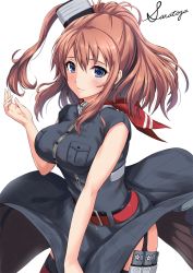 Rule 34 | 10s, 1girl, anchor, bare shoulders, belt, belt buckle, black dress, black shirt, blouse, blue eyes, blush, breast pocket, breasts, brown hair, buckle, character name, closed mouth, dress, drum magazine, funnel, garter straps, hair between eyes, kantai collection, large breasts, long hair, looking at viewer, magazine (weapon), neckerchief, pocket, ponytail, red belt, red neckerchief, red thighhighs, sakiyamama, saratoga (kancolle), saratoga mk ii (kancolle), shirt, side ponytail, simple background, smile, smokestack, solo, thighhighs, white background, wind, wind lift