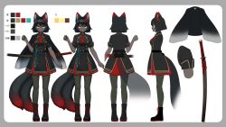 Rule 34 | 1girl, absurdres, animal ear fluff, animal ears, aqua ribbon, bad id, bad twitter id, belt, black belt, black capelet, black footwear, black hair, black pantyhose, black tail, boots, border, buttons, capelet, character sheet, closed mouth, color guide, commentary request, cross-laced footwear, dark-skinned female, dark skin, double-breasted, flower, flower request, from behind, from side, full body, grey border, hair between eyes, hair flower, hair ornament, hand up, highres, indie virtual youtuber, jpeg artifacts, katana, leather belt, light blush, looking at viewer, military, military uniform, multicolored tail, multiple tails, multiple views, necktie, pantyhose, profile, red flower, red neckwear, red ribbon, red skirt, red tail, ribbon, rounded corners, sakura chiyo (konachi000), sakuraba chiyo, scabbard, sheath, sheathed, short hair, short sleeves, skirt, smile, standing, straight-on, sword, tail, tassel, translation request, turnaround, two tails, uniform, very dark skin, virtual youtuber, weapon, white background, wing collar, yellow eyes