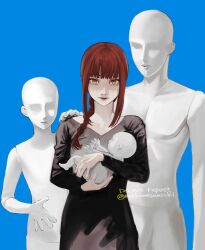 Rule 34 | 1girl, baby carry, black dress, blue background, braid, braided ponytail, carrying, chainsaw man, dress, highres, kamo (kamonegioisi), looking at viewer, makima (chainsaw man), mannequin, medium hair, red hair, ringed eyes, sidelocks, simple background, solo, twitter username, yellow eyes