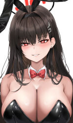 Rule 34 | 1girl, absurdres, animal ears, black hair, black leotard, blue archive, blush, bow, breasts, cleavage, collarbone, detached collar, ear piercing, fake animal ears, grin, hair between eyes, hair ornament, hairpin, halo, highres, large breasts, leotard, long hair, looking at viewer, nahanmin, piercing, rabbit ears, red bow, red eyes, rio (blue archive), simple background, smile, solo, strapless, strapless leotard, upper body, white background
