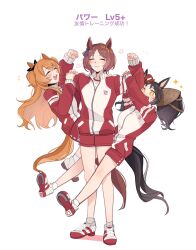 Rule 34 | +++, + +, 3girls, ^ ^, animal ears, black hair, blush, breasts, brown hair, clenched hands, closed eyes, fang, flexing, gym uniform, hair ornament, hanging on arm, high collar, highres, horse ears, horse girl, horse tail, jacket, long hair, long sleeves, marvelous sunday (umamusume), mayano top gun (umamusume), mjtsu io8, multiple girls, open mouth, orange hair, partially unzipped, red jacket, red shorts, sakura laurel (umamusume), shoes, short hair, short shorts, shorts, small breasts, smile, socks, sparkle, standing, tail, tracen training uniform, track jacket, translation request, twintails, two side up, umamusume, white background, white socks, yellow eyes