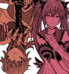 Rule 34 | 1boy, 1girl, closed mouth, crossed bangs, detached sleeves, fake horns, fate/grand order, fate/grand order arcade, fate (series), gloves, hair between eyes, hand on own chest, horns, long hair, long sleeves, looking afar, looking at viewer, metarogu, partially colored, rama (fate), simple background, sita (fate), smile, sword, twintails, weapon, white background