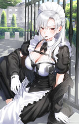 Rule 34 | 1girl, apron, black jacket, breasts, castle, cigarette, cleavage, commentary request, detached collar, gloves, highres, jacket, kfr, large breasts, lips, long hair, looking at viewer, maid, maid apron, maid headdress, original, outdoors, parted bangs, red eyes, sitting, smoking, solo, white apron, white gloves, white hair
