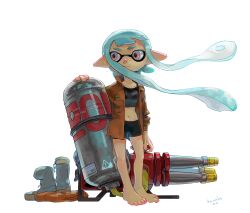 Rule 34 | 1girl, artist name, barefoot, bike shorts, black footwear, black shorts, black sports bra, blue hair, breasts, brown jacket, closed mouth, collarbone, commentary request, feet, floating hair, full body, hanako515 ika, highres, holding, holding weapon, hydra splatling (splatoon), inkling, inkling girl, inkling player character, jacket, light smile, long hair, long pointy ears, long sleeves, looking to the side, midriff, navel, nintendo, open clothes, open jacket, pointy ears, red eyes, shorts, simple background, small breasts, solo, splatoon (series), sports bra, standing, suction cups, sweat, tentacle hair, twintails, unworn footwear, very long hair, weapon, white background