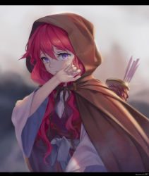 Rule 34 | 1girl, akatsuki no yona, arrow (projectile), artist name, blurry, blurry background, breasts, brown cloak, cloak, commentary request, covering own mouth, crying, crying with eyes open, glint, hair between eyes, hand over own mouth, highres, hood, hood up, kin toki, letterboxed, long hair, looking at viewer, parted lips, purple eyes, quiver, red hair, solo, tears, wide sleeves, yona (akatsuki no yona)