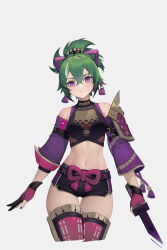 Rule 34 | 1girl, absurdres, adapted costume, bare shoulders, black gloves, black shirt, black shorts, commentary request, crop top, detached sleeves, genshin impact, gloves, green hair, grey background, highres, holding, holding knife, holding weapon, knife, kuki shinobu, long sleeves, looking at viewer, midriff, navel, ponytail, purple eyes, shirt, short hair, short shorts, shorts, simple background, solo, standing, stomach, thighhighs, thighs, tian zhao tian dou, weapon