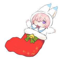 Rule 34 | 1girl, alternate costume, animal costume, animal ears, azu (kirara310), baggy clothes, baggy pants, blush stickers, chibi, christmas stocking, closed mouth, commentary, cosplay, fake animal ears, fake tail, fate/grand order, fate (series), fou (fate), fou (fate) (cosplay), hair over one eye, light purple hair, looking at viewer, lying, mash kyrielight, on back, one eye covered, open hands, pajamas, pants, purple eyes, short hair, signature, simple background, tail, white background
