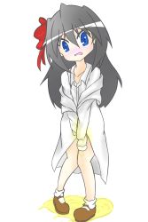 Rule 34 | 1girl, between legs, blue eyes, blush, bow, brown footwear, coat, collarbone, daifuku (daifuku kosiann), embarrassed, female focus, flat chest, full body, grey hair, hair between eyes, hair bow, hand between legs, head tilt, highres, knees together feet apart, long hair, long sleeves, looking at viewer, nose blush, open mouth, original, pee, peed self, pigeon-toed, puddle, red bow, shirt, shoes, sleeves past fingers, sleeves past wrists, socks, solo, standing, tears, transparent background, wet, wet clothes, white coat, white shirt, white socks