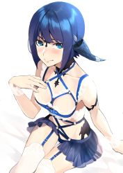 Rule 34 | 1girl, absurdres, au ra, bad id, bad twitter id, bed sheet, blue eyes, blue hair, blush, breasts, buckle, closed mouth, collarbone, comeo (komeo15), final fantasy, final fantasy xiv, garter straps, highres, horns, medium hair, pink lips, scales, see-through, sitting, skirt, solo, thighhighs, warrior of light (ff14), white thighhighs