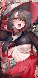 Rule 34 | 1girl, alternate costume, animal ears, black headwear, black kimono, blue archive, blush, braid, breasts, brown hair, commentary, corrupted twitter file, cropped kimono, fangs, flower, fox ears, fox girl, hair flower, hair ornament, hakama, halo, highres, japanese clothes, kimono, large breasts, long hair, looking at viewer, midriff, mookie (e mook9), navel, open mouth, parted bangs, red flower, red hakama, red halo, red headwear, saliva, saliva trail, single braid, solo, stomach, symbol-only commentary, teeth, two-tone headwear, underboob, upper body, very long hair, wakamo (blue archive), yellow eyes