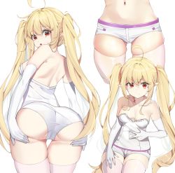 Rule 34 | 1girl, ahoge, ass, ass support, bare shoulders, blonde hair, breasts, chukibabo2, covered navel, elbow gloves, elf, gloves, highres, long hair, looking at viewer, medium breasts, micro shorts, multiple views, navel, original, pointy ears, red eyes, shirt, shorts, strapless, strapless shirt, thighhighs, twintails, v-shaped eyebrows, very long hair, white gloves, white thighhighs