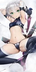 Rule 34 | 1girl, armpits, arms up, bandaged arm, bandages, bare shoulders, black gloves, black panties, black thighhighs, boots, breasts, cameltoe, crop top, dagger, dual wielding, facial scar, fate/apocrypha, fate/grand order, fate (series), fingerless gloves, gloves, green eyes, hair between eyes, halterneck, highres, holding, holding weapon, jack the ripper (fate/apocrypha), knife, looking at viewer, lowleg, lowleg panties, navel, nyatabe, panties, parted lips, scar, scar across eye, scar on cheek, scar on face, short hair, small breasts, solo, spread legs, stomach, tattoo, thigh boots, thighhighs, thighs, underwear, weapon