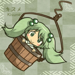 Rule 34 | 1girl, akihiyo, blush, blush stickers, bucket, character name, female focus, green eyes, green hair, hair bobbles, hair ornament, in bucket, in container, kisume, long hair, matching hair/eyes, rope, smile, solo, touhou, twintails