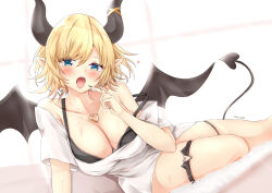 Rule 34 | 1girl, absurdres, aqua eyes, bare shoulders, blonde hair, blush, bra, breasts, cleavage, collarbone, demon girl, demon horns, demon tail, demon wings, ebiko yaki, heart, heart necklace, highres, hololive, horns, jewelry, large breasts, looking at viewer, necklace, oversized clothes, pointy ears, short hair, short sleeves, solo, tail, tail around own leg, thigh strap, thighs, tongue, tongue out, underwear, virtual youtuber, window, wings, yuzuki choco