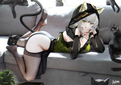 Rule 34 | 1girl, anal tail, animal ear fluff, animal ears, arknights, ass, black dress, black thighhighs, breasts, cat ears, dress, fake tail, feet, green dress, green eyes, grey hair, hood, hoodie, jewelry, kal&#039;tsit (arknights), looking at viewer, no panties, official alternate costume, omone hokoma agm, smile, soles, solo, tail, thighhighs, thighs