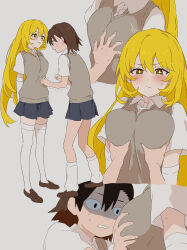 Rule 34 | 2girls, absurdres, arms behind back, blonde hair, blush, breast envy, grabbing another&#039;s breast, breasts, brown footwear, brown hair, brown sweater vest, closed mouth, collared shirt, commentary request, dress shirt, elbow gloves, frown, full body, gloves, grabbing, grey background, hair between eyes, hands up, highres, large breasts, loafers, long hair, miniskirt, misaka mikoto, multiple girls, multiple views, parted lips, school uniform, shaded face, shirt, shoes, shokuhou misaki, short sleeves, simple background, skirt, socks, standing, sweatdrop, sweater vest, symbol-shaped pupils, teruya (6w6y), thighhighs, thighs, toaru kagaku no railgun, toaru majutsu no index, tokiwadai school uniform, trembling, very long hair, vest, white gloves, white shirt, white socks, white thighhighs, wing collar, yuri, zettai ryouiki