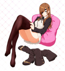 Rule 34 | 1girl, ass, blue eyes, boots, unworn boots, breasts, brown hair, brown thighhighs, dress, eyepatch, fate/grand order, fate (series), highres, long hair, looking at viewer, ophelia phamrsolone, pantyhose, parted lips, sami (object dump), shoes, unworn shoes, sitting, solo, thigh boots, thighhighs