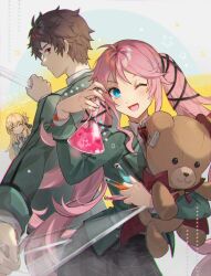 Rule 34 | 1boy, 2girls, agnes claudel, ambiguous red liquid, beaker, blonde hair, blue eyes, brown bear, brown hair, cape, checkered clothes, checkered skirt, chemicals, chemistry, closed eyes, eiyuu densetsu, erlenmeyer flask, flask, from side, green jacket, hajimari no kiseki, holding, holding ruler, holding stuffed toy, holding test tube, instrument, jacket, kuro no kiseki, kuro no kiseki ii, liquid, long hair, multiple girls, nadia rayne, one eye closed, open mouth, pink hair, red eyes, red tie, ruler, school uniform, shirt, short hair, skirt, smile, stuffed animal, stuffed toy, swin abel, teddy bear, test tube, triangle (instrument), twintails, white shirt, youmicitrustea