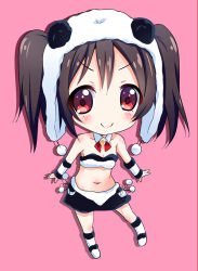 Rule 34 | &gt;:), 10s, 1girl, animal costume, bad id, bad pixiv id, black hair, blush, chibi, detached collar, kurou (quadruple zero), looking at viewer, love live!, love live! school idol festival, love live! school idol project, midriff, navel, panda costume, pom pom (clothes), red eyes, simple background, skirt, smile, solo, twintails, v-shaped eyebrows, yazawa nico