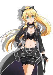 Rule 34 | 1girl, absurdres, alternate costume, braid, breasts, cleavage, hair between eyes, hand on own hip, highres, leafa, long hair, midriff, pointy ears, short shorts, shorts, simple background, solo, standing, stomach, sword art online, twin braids, very long hair, waist cape, white background