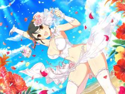 Rule 34 | 1girl, arm up, beach, bouquet, breasts, bridal gauntlets, cloud, dress, flower, happy, hibiscus, large breasts, meimei (senran kagura), outdoors, pearls, petals, pink flower, pink ribbon, pink rose, ribbon, rose, senran kagura, senran kagura new wave, shiny skin, sky, spaghetti strap, standing, standing on one leg, thighhighs, wedding dress