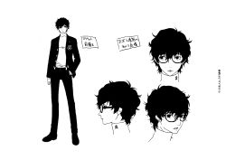 Rule 34 | 1boy, absurdres, amamiya ren, black hair, character sheet, flat color, full body, glasses, greyscale, hand in pocket, highres, monochrome, multiple views, official art, persona, persona 5, portrait, production art, simple background, turnaround, white background, zip available