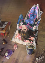 Rule 34 | 1girl, animal print, armor, bodysuit, boots, bracer, breasts, brown eyes, brown hair, cable, chips (food), closed mouth, computer, controller, d.va (overwatch), eyelashes, facepaint, facial mark, food, from above, game controller, gamepad, gloves, headphones, headphones removed, high collar, highres, laptop, long hair, long sleeves, looking at viewer, lying, matching hair/eyes, medium breasts, mouse (computer), on back, overwatch, overwatch 1, pauldrons, pillow, pilot suit, polka dot, polka dot pillow, rabbit print, ribbed bodysuit, shoulder armor, shoulder pads, skin tight, solo, thigh boots, thigh strap, thighhighs, trash can, turtleneck, whisker markings, white footwear, white gloves