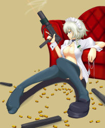 Rule 34 | 1girl, black thighhighs, blue eyes, braid, breasts, bullet, cleavage, cube85, feet, female focus, foreshortening, grey hair, gun, highres, holding, holding gun, holding weapon, izayoi sakuya, large breasts, laser, laser pointer projection, laser sight, looking away, looking to the side, mac-10/11, magazine (weapon), maid, maid headdress, no bra, no panties, no shoes, open clothes, open shirt, pocket watch, profile, shell casing, shirt, shoes, short hair, single shoe, smoke, smoking gun, submachine gun, suppressor, thighhighs, touhou, trigger discipline, twin braids, watch, weapon