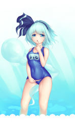 Rule 34 | 1girl, blue background, blue eyes, breasts, die blonde bestie, finger to mouth, hair ribbon, hairband, highres, hitodama, konpaku youmu, konpaku youmu (ghost), name tag, one-piece swimsuit, open mouth, ribbon, school swimsuit, short hair, silver hair, solo, swimsuit, touhou