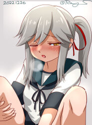 Rule 34 | 1girl, blue neckerchief, blue sailor collar, blue skirt, breath, brown eyes, dated, grey hair, kantai collection, long hair, looking at viewer, murakumo (kancolle), neckerchief, one-hour drawing challenge, one eye closed, ponytail, ray.s, sailor collar, sitting, skirt, solo, twitter username, usugumo (kancolle)