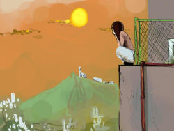 Rule 34 | 1girl, balcony, brown hair, chain-link fence, fence, hair down, head rest, hill, landscape, lonely, long hair, madotsuki, outdoors, r pauti, skirt, sky, solo, squatting, sun, yume nikki