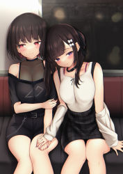 Rule 34 | 2girls, absurdres, bad id, bad pixiv id, bare shoulders, black choker, black hair, black skirt, blush, bow, breasts, choker, cleavage, closed mouth, collarbone, detached sleeves, hair bow, hair ornament, heads together, highres, holding hands, kazanock, large breasts, long hair, multiple girls, off shoulder, original, purple eyes, red eyes, see-through, short hair, sitting, skirt, thighs, train interior, yuri