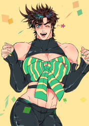 Rule 34 | 1boy, abs, bare shoulders, black pants, blue eyes, blush, bow, bowtie, brown hair, chest harness, cleavage cutout, clothing cutout, confetti, fabulous, gradient hair, harness, highres, jojo no kimyou na bouken, joseph joestar, joseph joestar (young), large pectorals, looking at viewer, male focus, medium hair, midriff, multicolored hair, muscular, nail polish, one eye closed, pants, pectoral cleavage, pectorals, shirt bow, sideburns, sleeves past wrists, solo, sparkle, thick thighs, thighs, tight clothes, tight pants, xing xiao